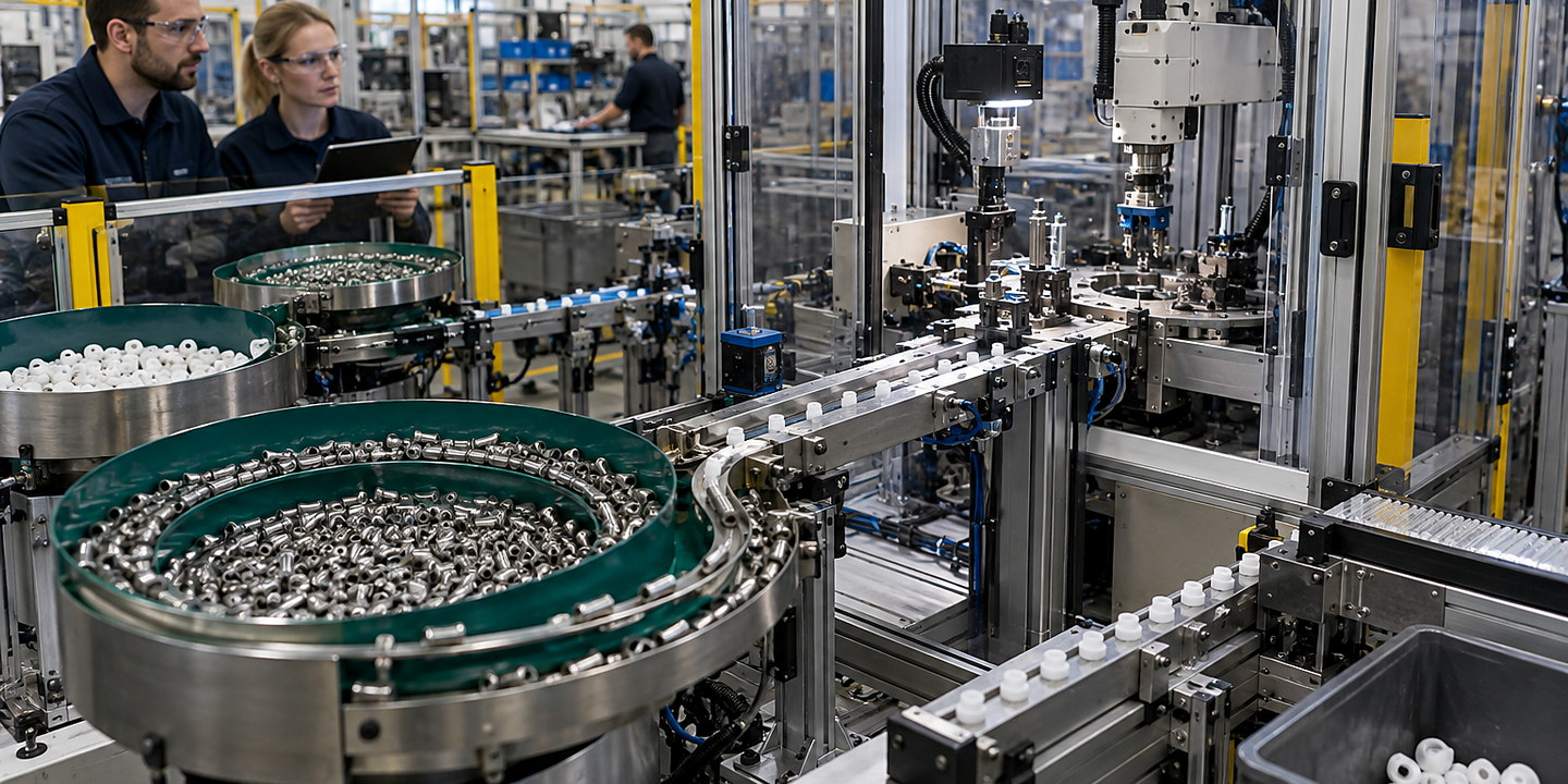 Flexible O-rings moving through a purpose-built feeder and escapement into an automated seal assembly station.