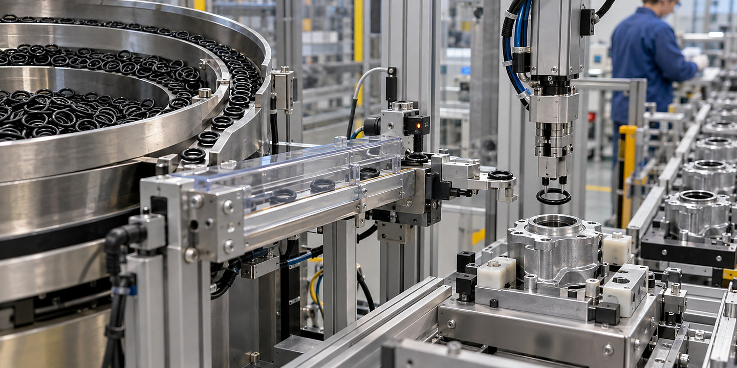 Flexible O-rings moving through a purpose-built feeder and escapement into an automated seal assembly station.